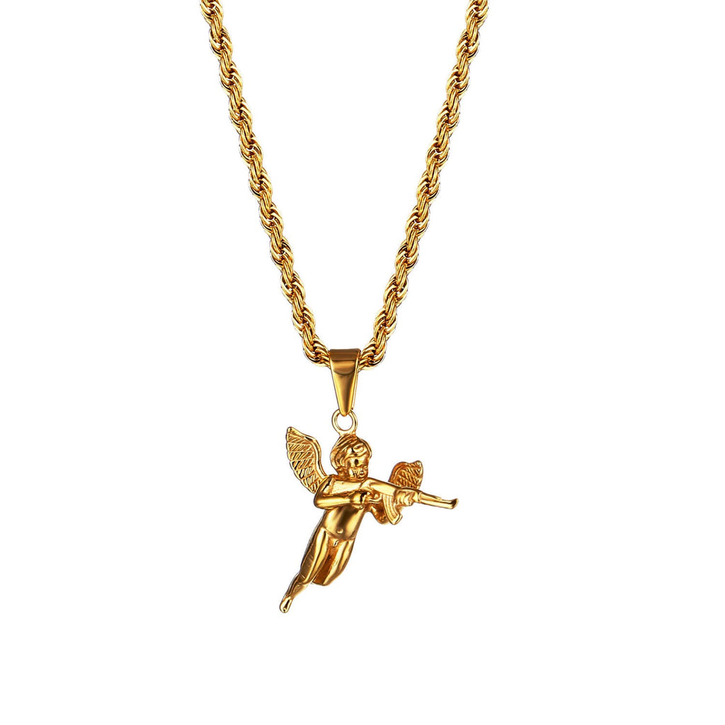 TOPGRILLZ 14K CZ Angel Pendant Necklace with Gun Pistol Rope Chain (Gold) :  : Clothing, Shoes & Accessories