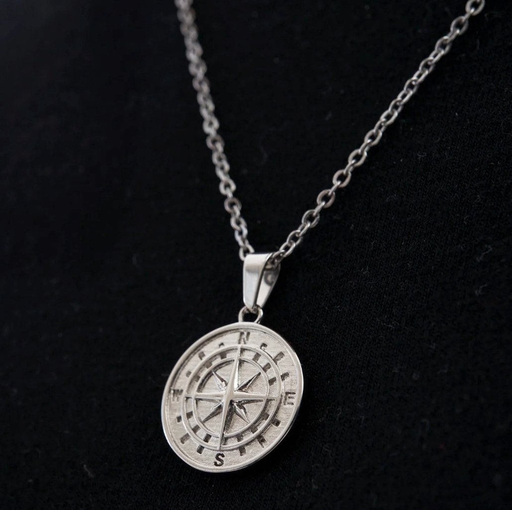 Compass Necklace / Solid Sterling Silver / Rustic Oval Stamped Compass